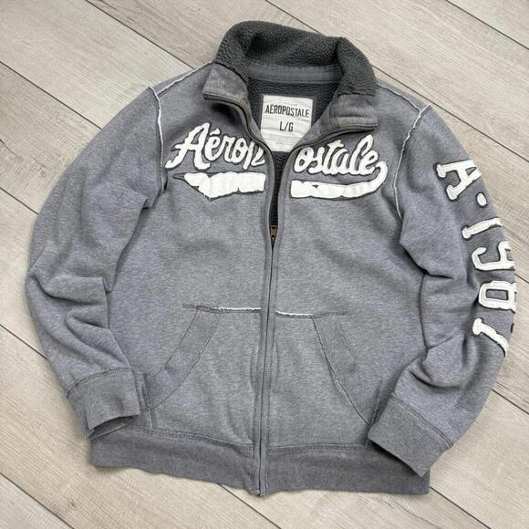 Y2K Aeropostale Sherpa Lined Zip Jacket Gray Sz L Applique Logo A87 Fleece Skate - Picture 1 of 9
